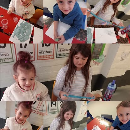 Children playing with blue sensory slime in a classroom
