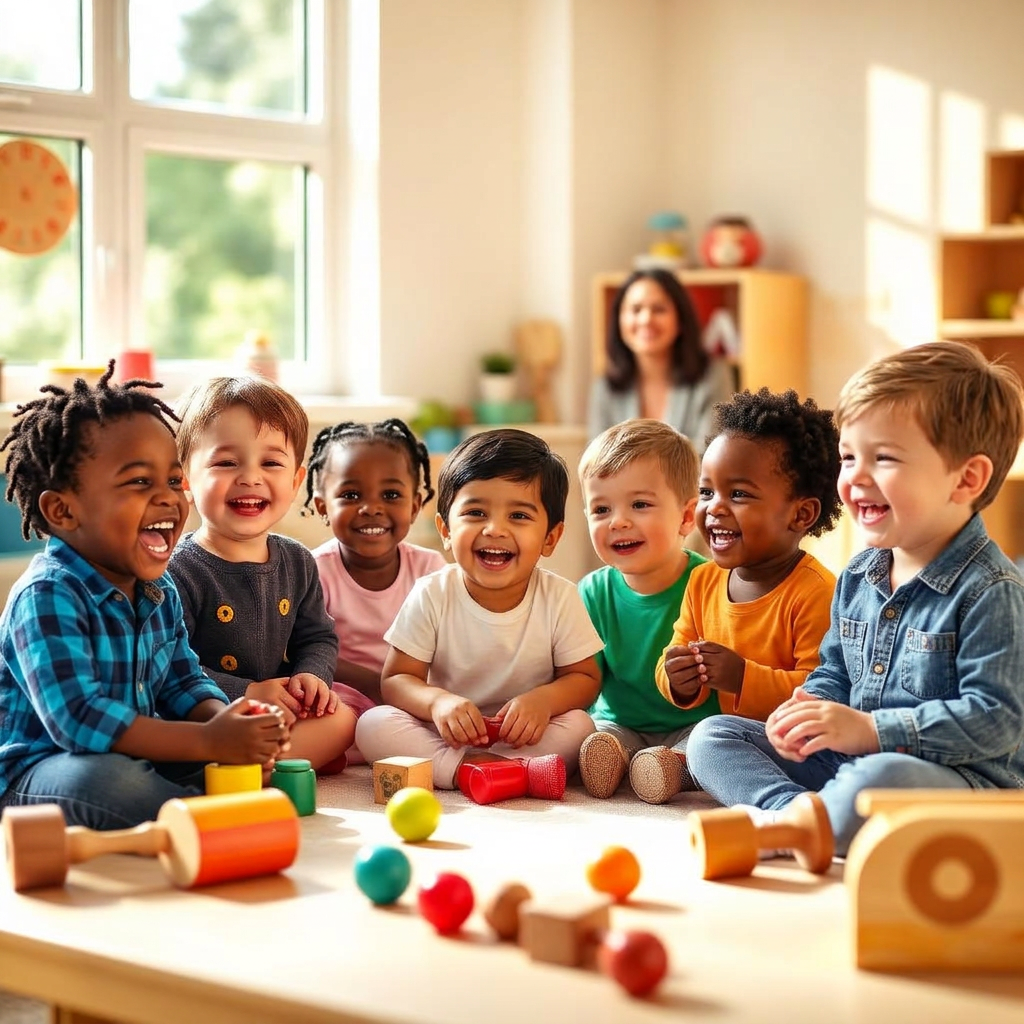 Happy preschool children laughing together in a bright classroom